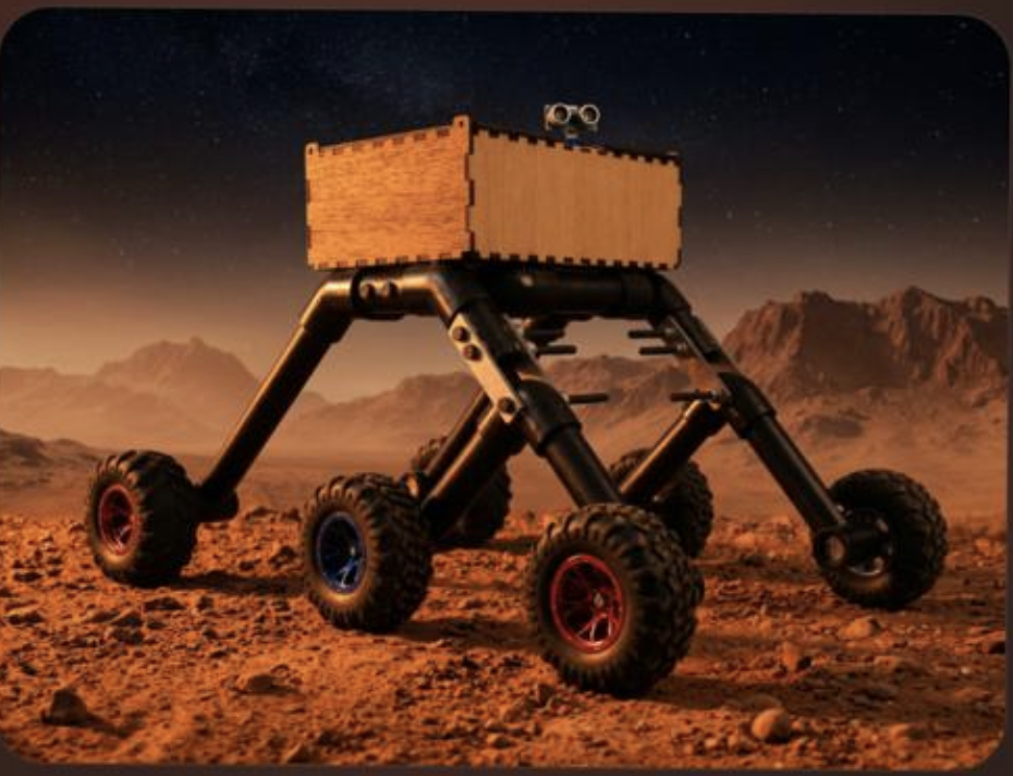 Mars rover prototype with NASA-labeled chassis on six wheels